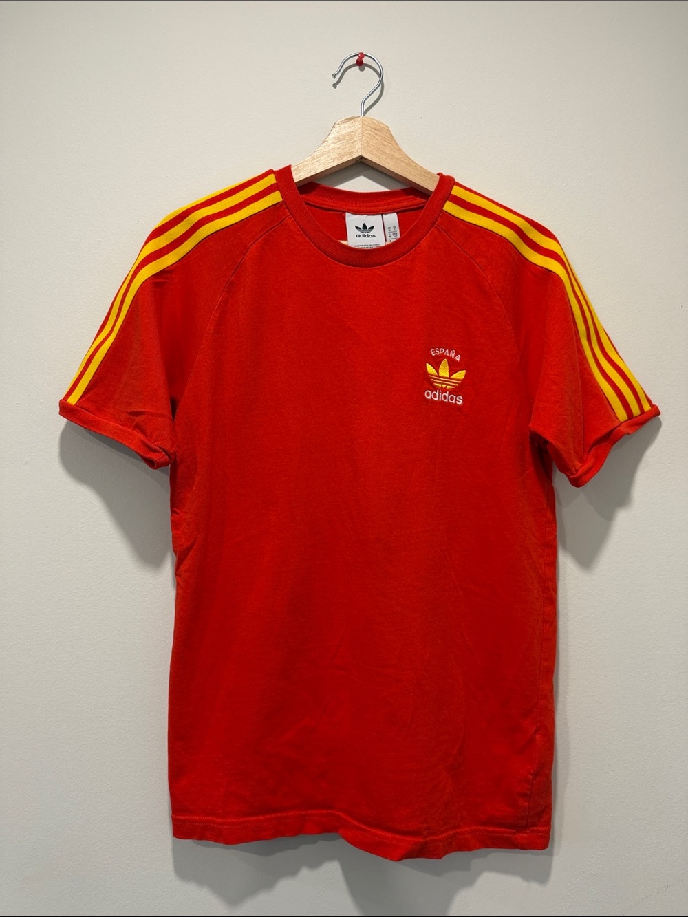 adidas Red Short Sleeve Tee with Yellow Shoulder Stripes